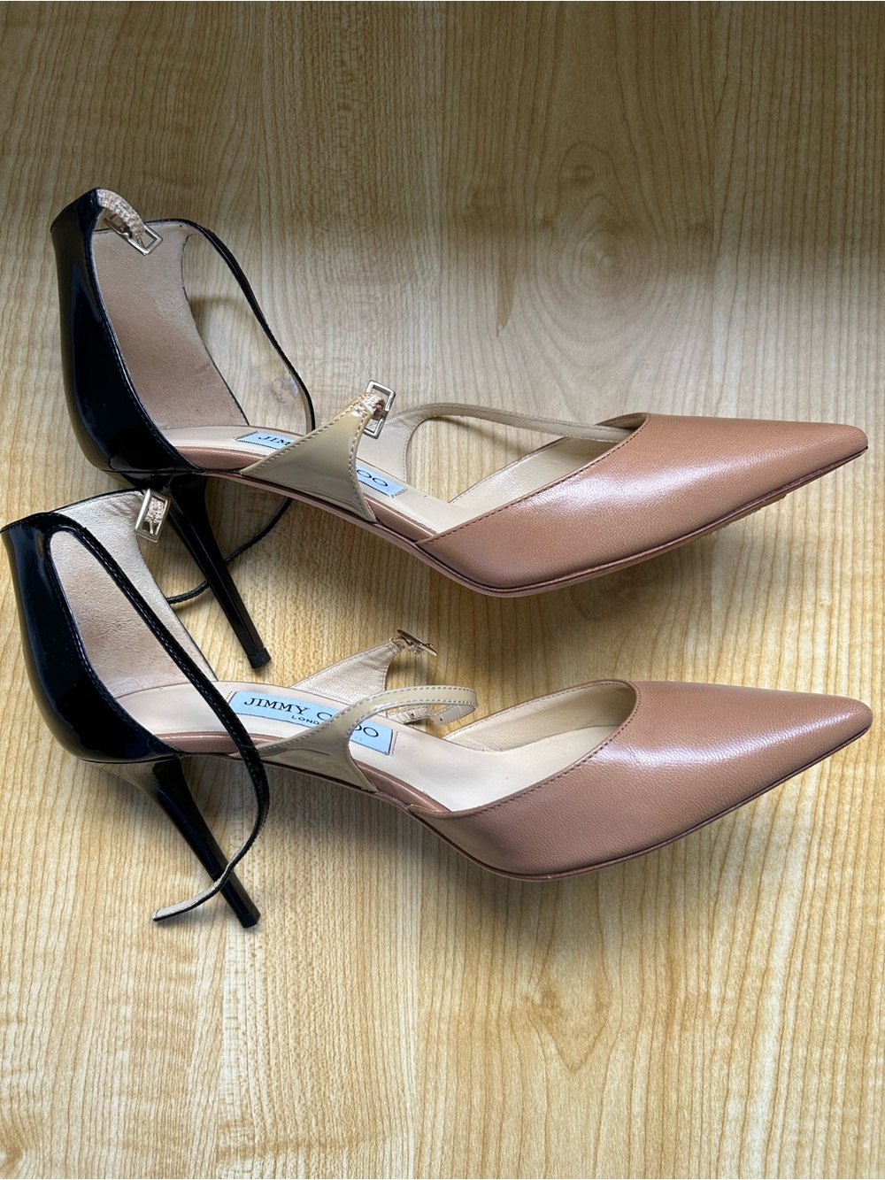Jimmy Choo Colorblock Pointed Toe Ankle Strap Pumps Nude Black 37.5 Italy